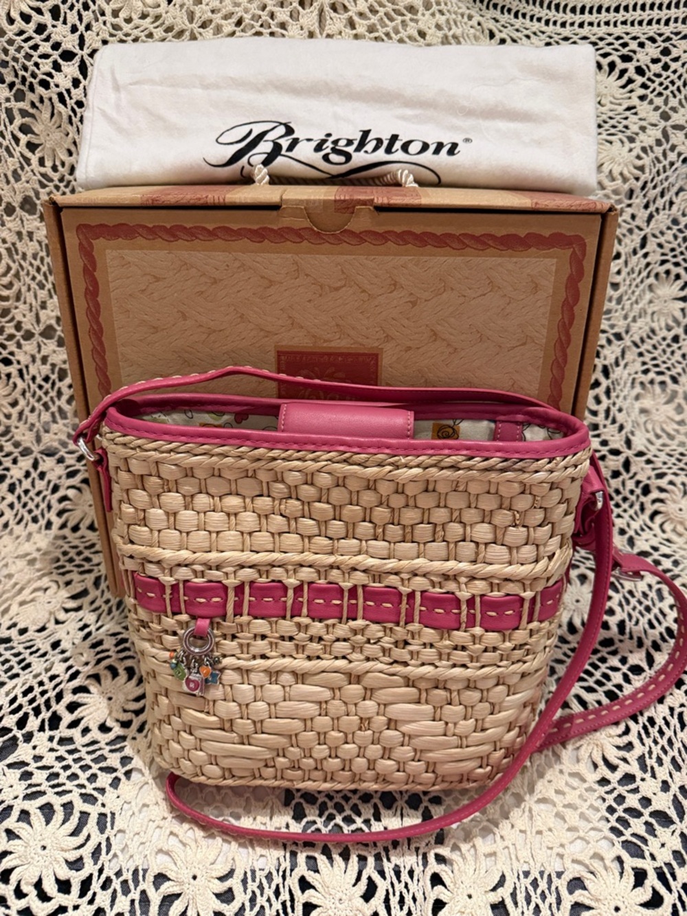 Brighton Natural Woven Crossbody with Pink Trim